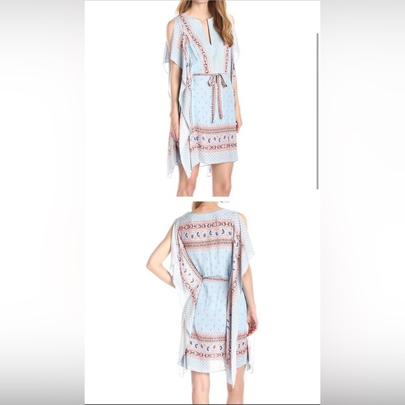 BCBGmaxazria Alexi Blue Peach Combo Print Kaftan Mini Dress Summer Resortwear S - Picture 4 of 11